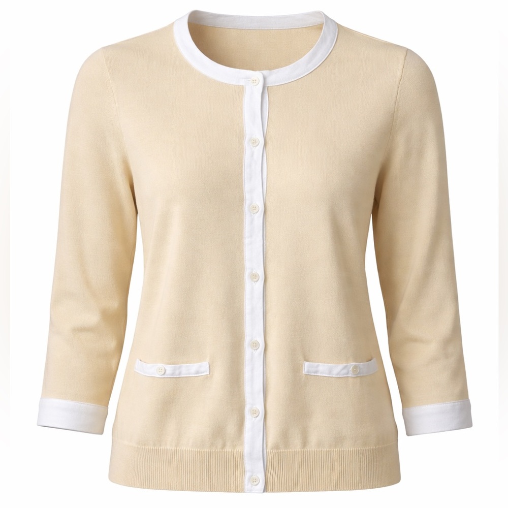 Lauren Ralph Lauren Beige Cream Chanel Style Cotton Cardigan Sweater, Size PM - Picture 2 of 7